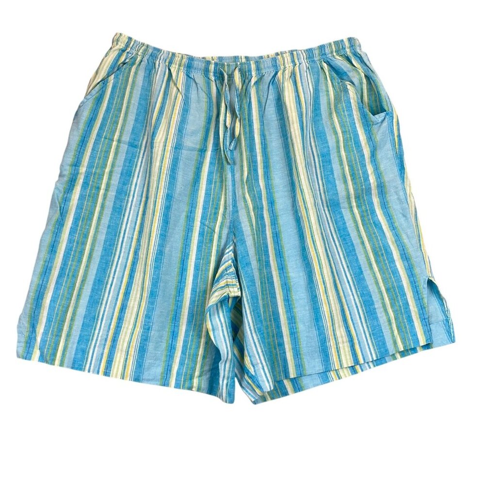 Erika Womens Linen Blend Short Size 3X Blue Striped Drawstring Casual Summer